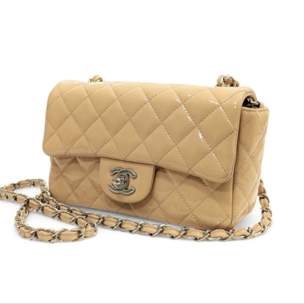 Chanel Classic Mini Rectangular Flap Bag Peach Beige Patent Leather - Picture 13 of 17